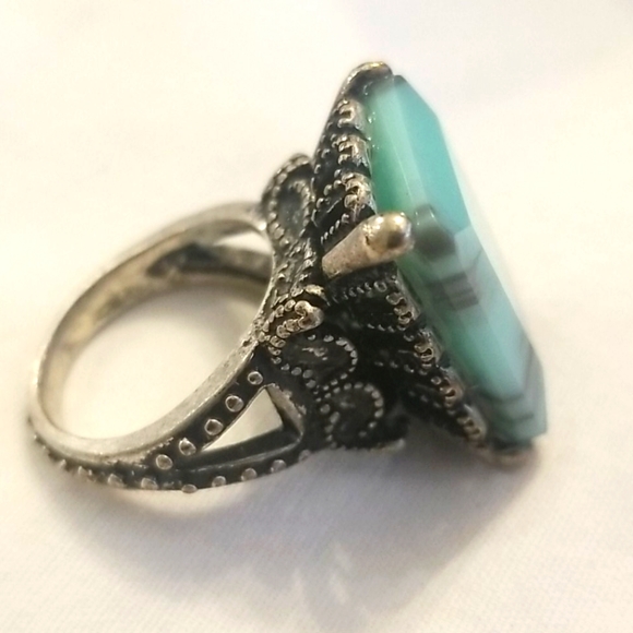SILVER Art Deco Emerald Moonstone Ring 7.5 - Picture 6 of 10